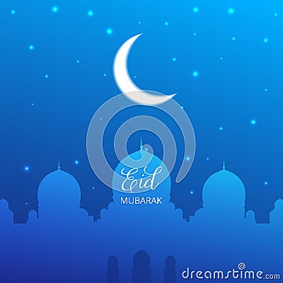 Eid Mubarak. Illustration with mosque, glowing moon and stars Vector Illustration