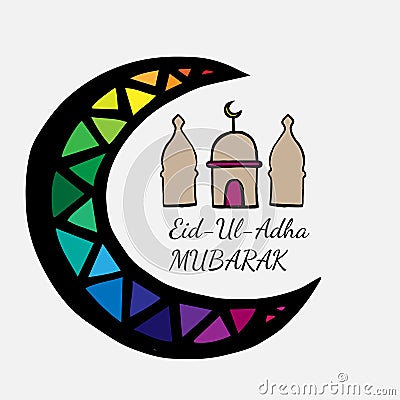 Eid Mubarak lettering with abstract mosque and moon Vector Illustration