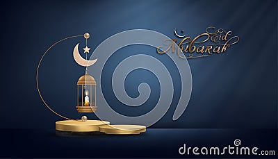 Eid Mubarak luxury greeting card with Crescent moon,Traditional Islamic lantern on golden Podium in Studio room with dark blue Vector Illustration
