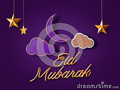 Eid Mubarak minimal background Ramadan celebration Golden stars hanging clouds Cartoon Illustration
