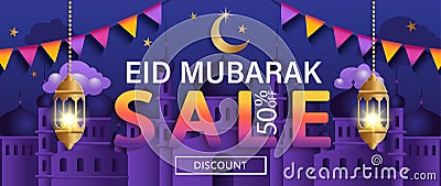 Eid Mubarak sale Banner, 50 percent discount flyer Vector Illustration