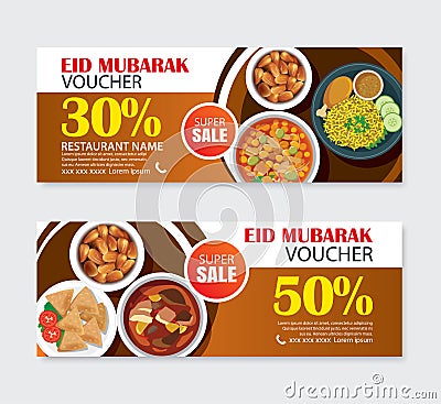 Eid Mubarak sale banner voucher with food background. Ramadan Kareem vector illustration. Use for Vector Illustration