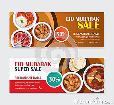 Eid Mubarak sale banner voucher with food background. Ramadan Kareem vector illustration. Use for Vector Illustration