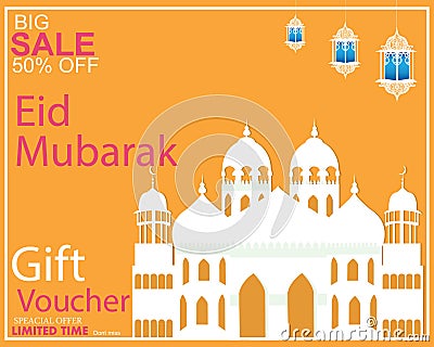 Eid mubarak sale offer banner design for promotion poster, social media template, discount, gift, voucher, web header and banner Vector Illustration