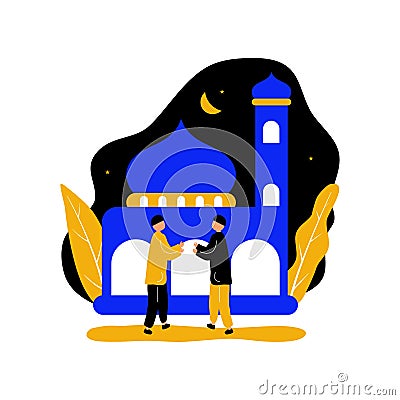 Eid mubarak with two men hand shake front of mosque Vector Illustration