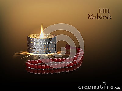 Eid and Ramadan theme background with a burning lamp and a rosary. Cartoon Illustration