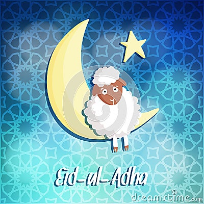 Eid-ul-adha greeting card with sheep, moon and star, Vector Illustration