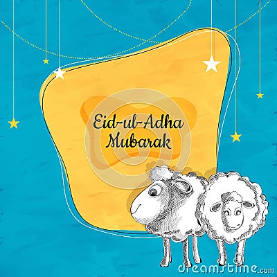 Eid-Ul-Adha Mubara Greeting Card with Doodle Style Two Sheep Characters, Hanging Stars Decorated on Abstract Chrome Yellow Stock Photo