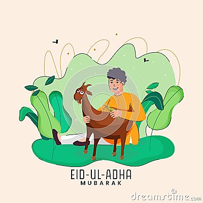 Eid-Ul-Adha Mubarak Concept With Islamic Young Boy Feeding Grass To Goat And Nature View Stock Photo