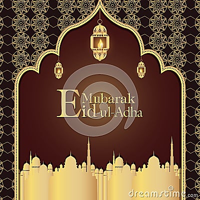 Eid ul Adha Mubarak with golden mosque, lantern isolated on brown background vector design Vector Illustration