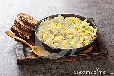 Eiersalat is a creamy German egg salad with cubes of crisp apple and crunchy sour pickles. closeup on the wooden board. Horizontal Stock Photo