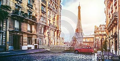 The eifel tower in Paris from a tiny street Stock Photo