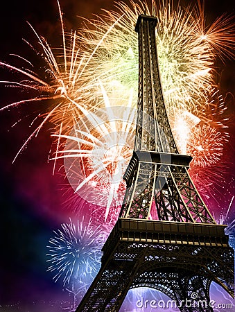 Eiffel with fireworks Stock Photo