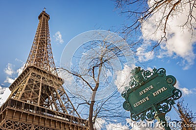 The Eiffel tower and avenue Gustave Eiffel sign, Paris Stock Photo