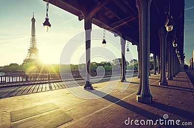 Eiffel Tower from Bir-Hakeim metal bridge in the morning Stock Photo