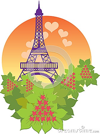 Eiffel tower and blooming pink chestnut trees representing the romance of spring in Paris Vector Illustration