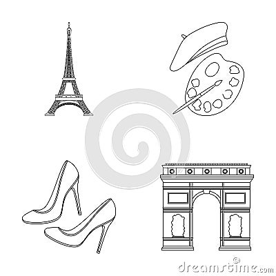 Eiffel tower, brush, hat .France country set collection icons in outline style vector symbol stock illustration web. Vector Illustration