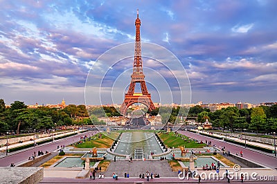 Eiffel tower cloudy sunset cityscape view Editorial Stock Photo