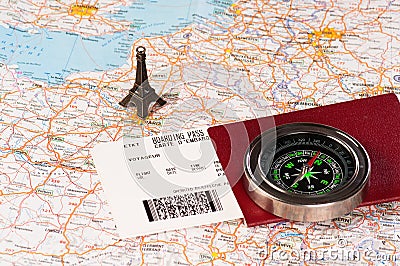 Eiffel tower, compass and passport Stock Photo