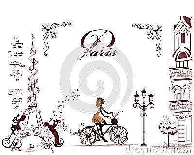 Eiffel Tower decorated with musical stave, notes, musicians Vector Illustration