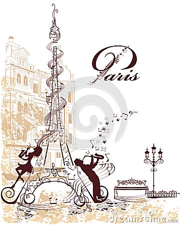 Eiffel Tower decorated with musical stave, notes, musicians Vector Illustration