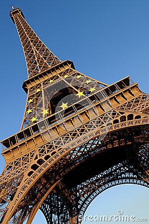 Eiffel Tower with European Circle of Stars symbol Stock Photo