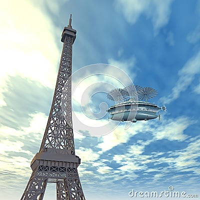 Eiffel Tower with Fantasy Airship Cartoon Illustration