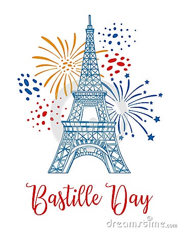 Eiffel tower and fireworks. Bastille Day design template Vector Illustration