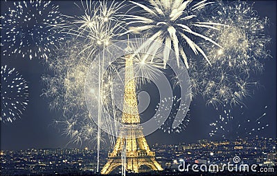 Eiffel tower with fireworks, New Year in Paris Editorial Stock Photo