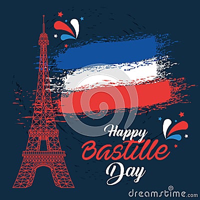 eiffel tower with france national flag Cartoon Illustration