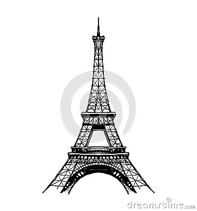 Eiffel tower in France straight view, doodle line sketch, vintage card, symbol of France sticker. Modern engraving on a Vector Illustration