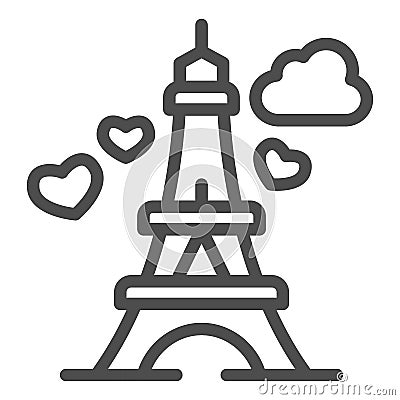 Eiffel Tower with heart line icon, valentine day concept, romance travel sign on white background, Paris as symbol love Vector Illustration