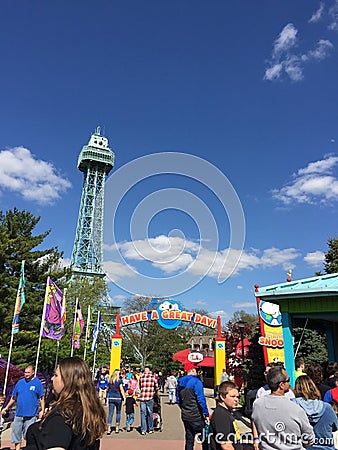 Eiffel Tower at Kings Island, with Planet Snoopy sign. Editorial Stock Photo