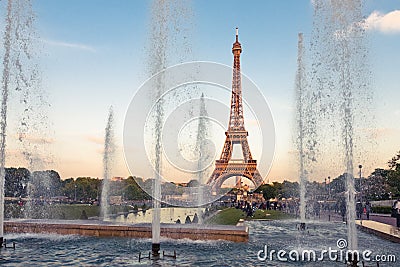 Eiffel Tower (La Tour Eiffel) with fountains Editorial Stock Photo