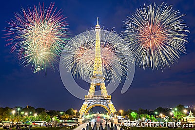 Eiffel tower light performance show and New Year 2017 fireworks in night. Editorial Stock Photo