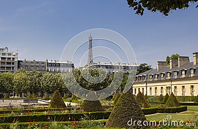 The Eiffel Tower and the manicured garden of Les Invalides Paris Stock Photo