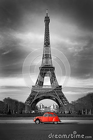 Eiffel Tower with old french red car Stock Photo