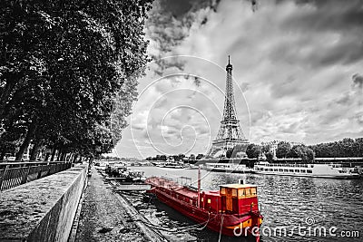 Eiffel Tower over Seine river in Paris, France. Vintage Stock Photo