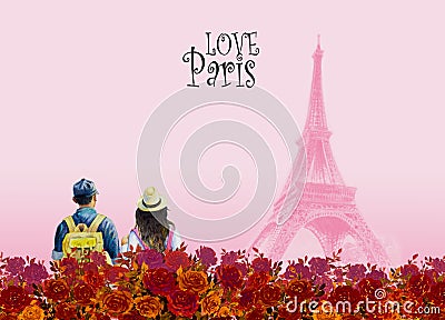 Eiffel tower- Paris european with red roses Cartoon Illustration