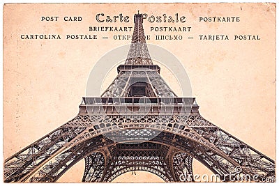 Eiffel tower in Paris, France, collage on sepia vintage postcard background, word postcard in several languages Stock Photo