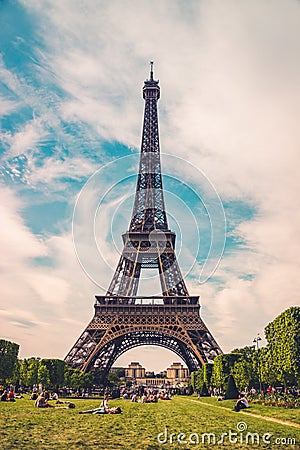 The Eiffel Tower in Paris, France. Eiffel Tower, symbol of Paris. Eiffel Tower in spring time. Stock Photo