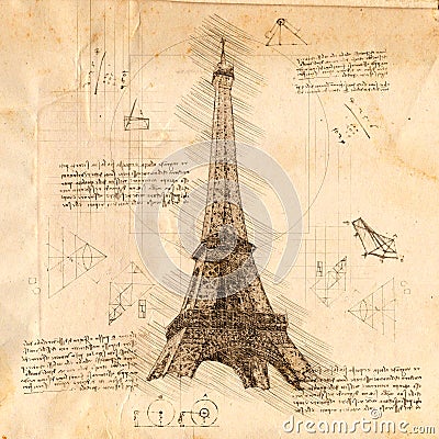 Eiffel Tower Paris, France in Vintage Steampunk Da Vinci Drawing Style Stock Photo