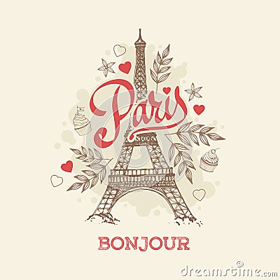 Eiffel tower Parisian symbol hand drawn vector greeting card Vector Illustration