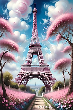 The Eiffel Tower in the Pink Dream World Stock Photo