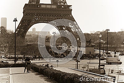 Eiffel tower retro style. Lower part of Eiffel Tower Editorial Stock Photo