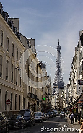 The Eiffel Tower and a quiet residential street Paris Editorial Stock Photo