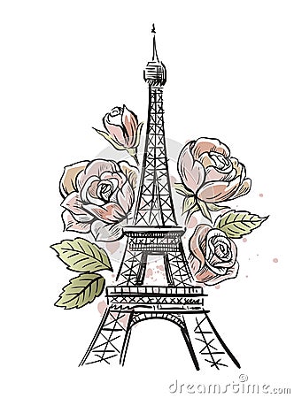 Eiffel tower and roses Vector Illustration
