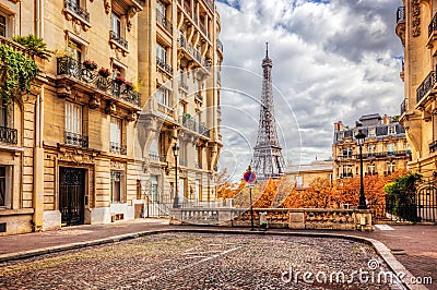 Eiffel Tower seen from the street in Paris, France. Cobblestone pavement Stock Photo