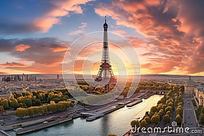 Eiffel Tower and Seine river at sunset, Paris, France, Aerial panoramic view of Paris with the Eiffel Tower during sunset in Stock Photo