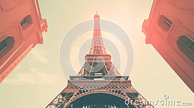 Retro Vintage Sunset: Eiffel Tower With Building In Wpa Style Stock Photo